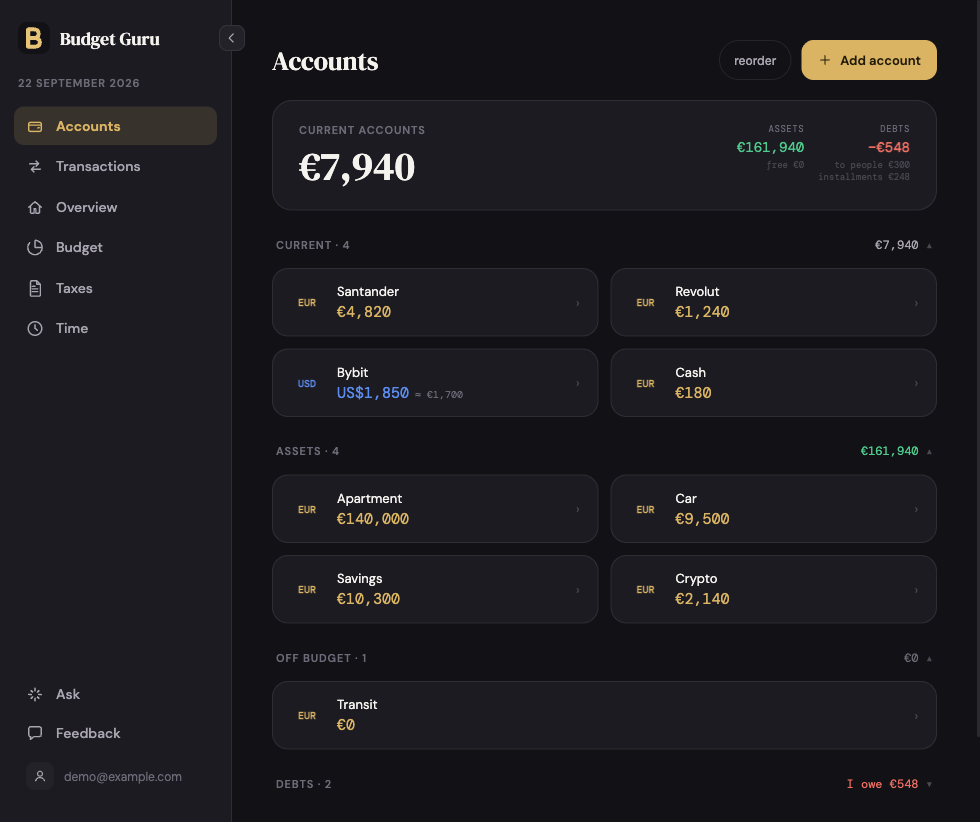 Accounts: real money, assets and debts in different currencies