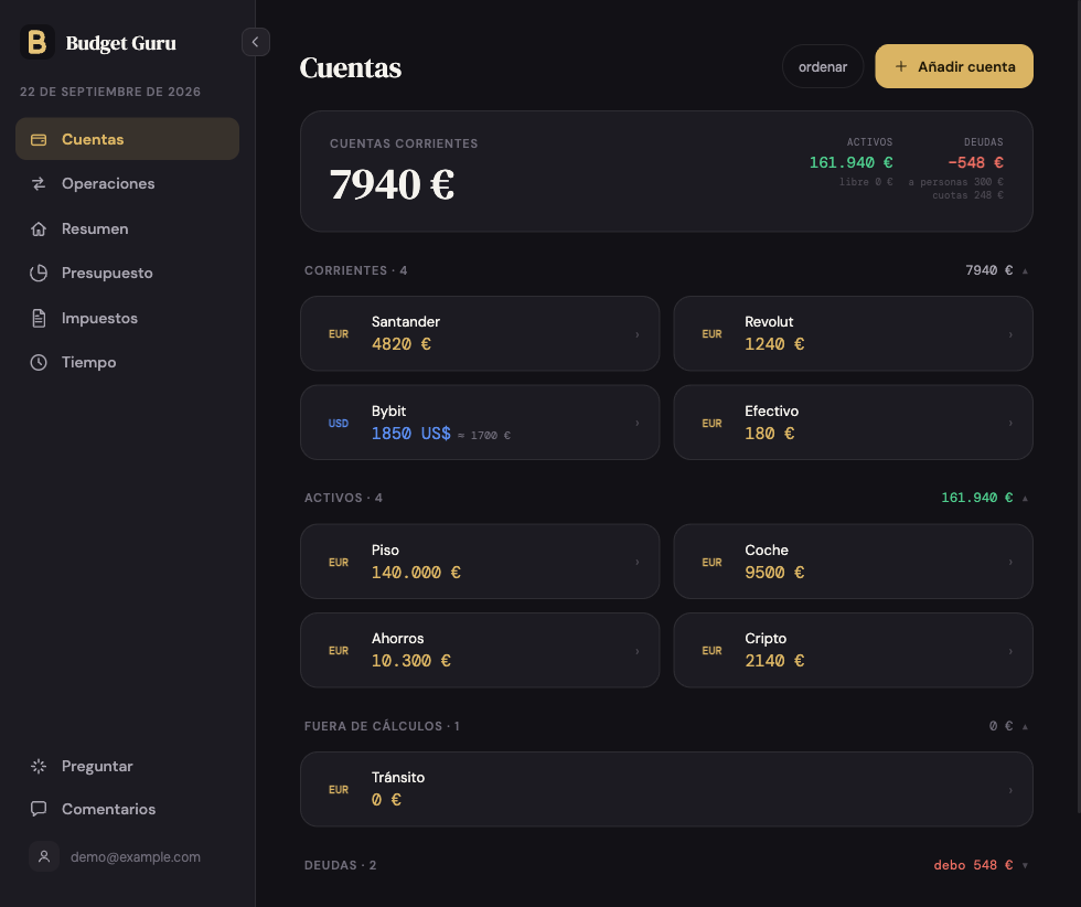 Cuentas: dinero real, activos y deudas en distintas monedas